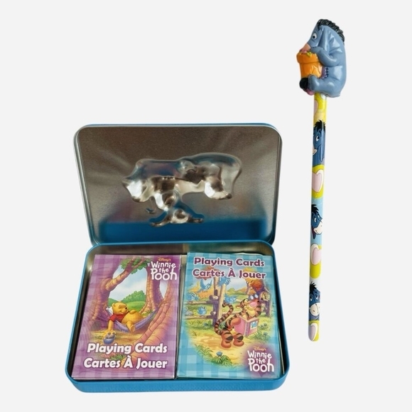 Vintage Disney Winnie the Pooh Tin Box Playing Cards & Pencil Set New - Picture 2 of 4
